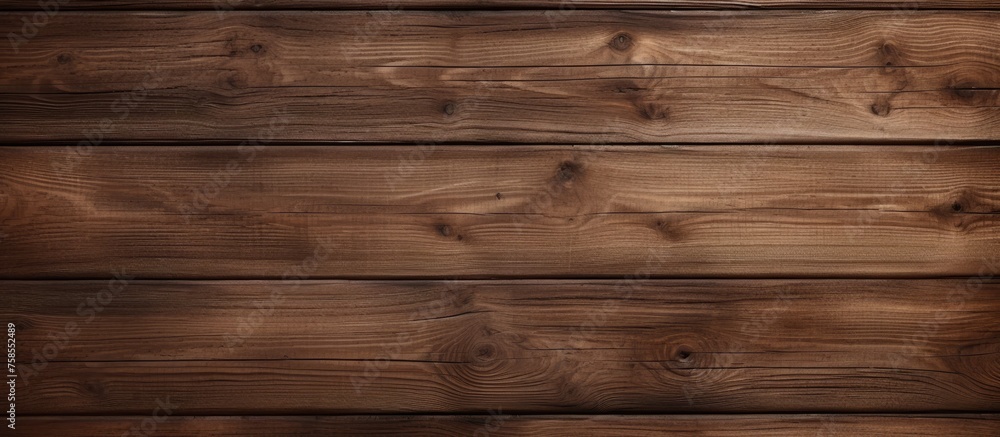 Fototapeta premium A detailed shot showcasing the rich brown hue of a hardwood plank flooring with a wood stain and varnish finish, creating a beautiful pattern on the wooden wall