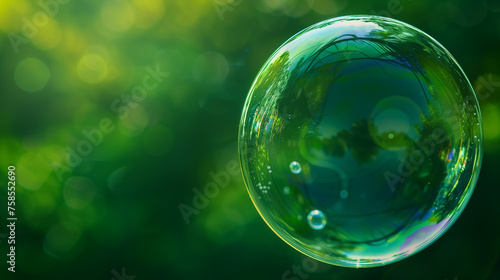 A delicate soap bubble hovers with translucent hues reflecting light. Green backdrop, background, copy space.