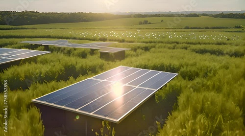 solar power plant with green grass around it, cinematic photo