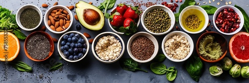 Healthy food clean eating selection. Fruit, vegetable, seeds, superfood, cereal, leaf vegetable on gray concrete background. Top view. Healthy food background and Copy space for text. 