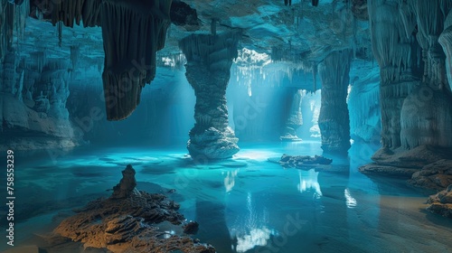 Ethereal blue light filters through a stunning underground cave, highlighting its stalactites and reflective lake.