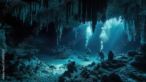 Scuba diver surrounded by stunning sunbeams while exploring a mystical underwater cave system. © Nuth