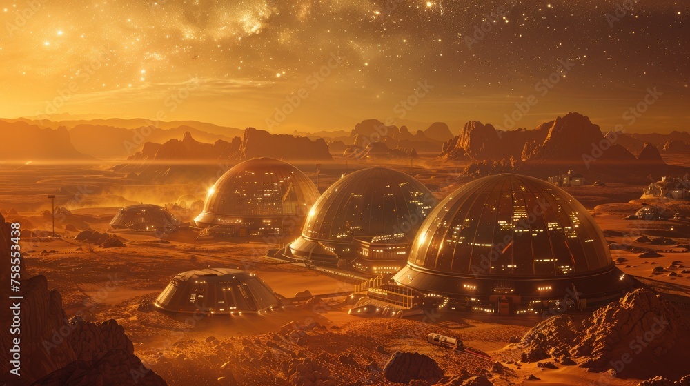 Domes of a futuristic human settlement glow under a star-filled sky on a Martian-like landscape. - obrazy, fototapety, plakaty 