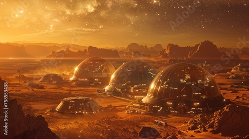 Domes of a futuristic human settlement glow under a star-filled sky on a Martian-like landscape. #758553438