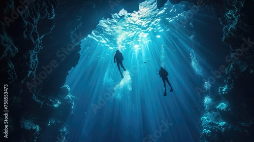 Two scuba divers submerged in a serene, sunbeam-filled underwater cave, exhibiting the beauty of ocean exploration. © Nuth