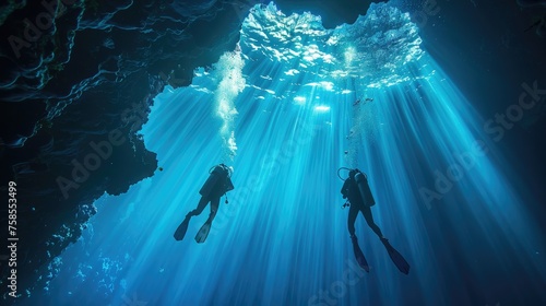 Two scuba divers submerged in a serene, sunbeam-filled underwater cave, exhibiting the beauty of ocean exploration. © Nuth
