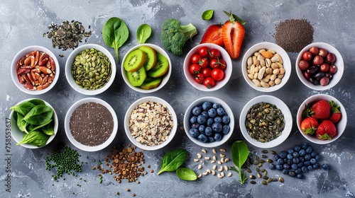 Healthy food clean eating selection. Fruit, vegetable, seeds, superfood, cereal, leaf vegetable on gray concrete background. Top view. Healthy food background and Copy space for text. 