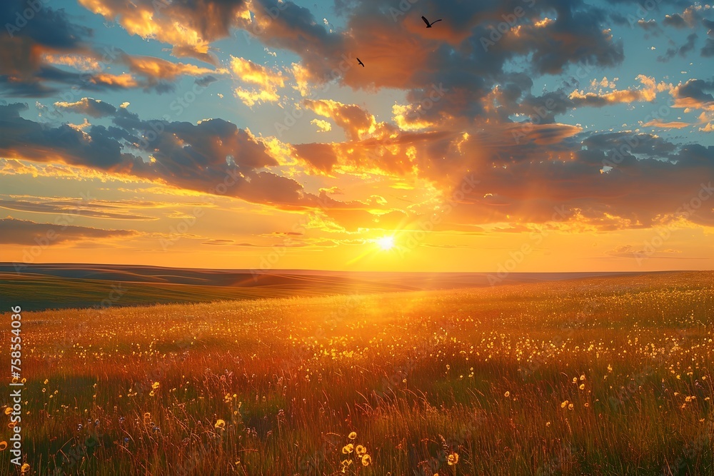 Golden Sunset Glow Illuminating Tranquil Meadow and Sky