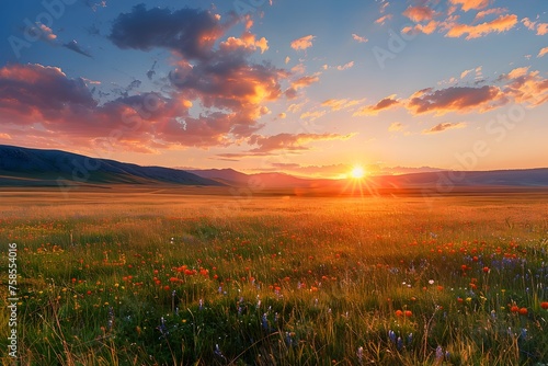 Golden Sunset Glow Illuminating Peaceful Meadow Landscape