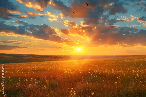 Golden Sunset Glow Illuminating Tranquil Meadow and Sky