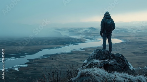 A traveler stands on a high vantage point, observing the meandering river below in the quiet twilight of a vast landscape.