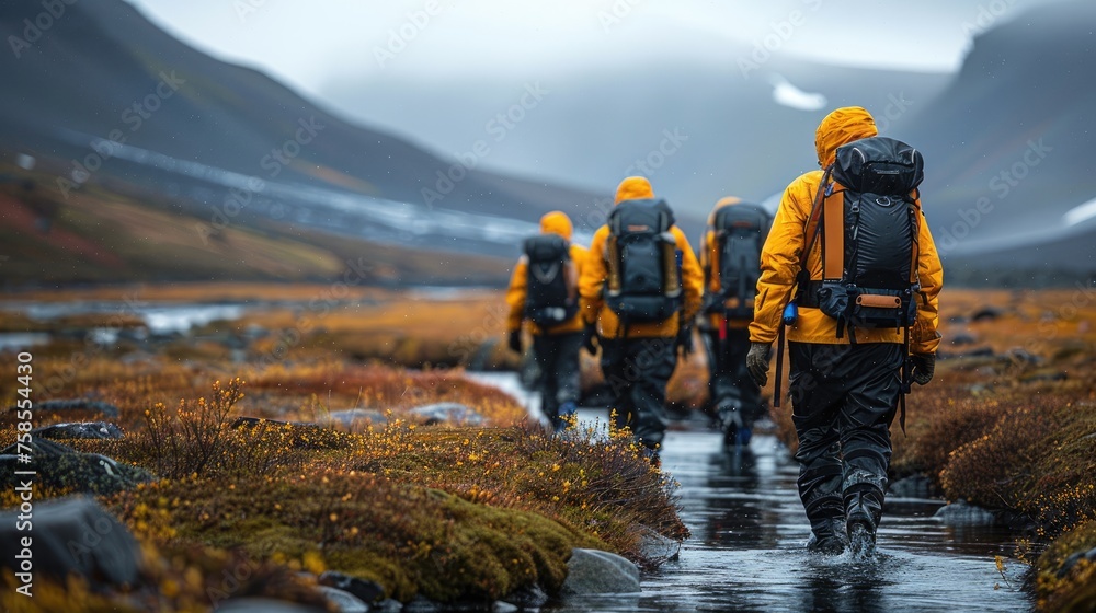 A line of hikers in waterproof gear crossing a river in a lush forest, embodying the spirit of outdoor adventure. A line of hikers in waterproof gear crossing a river in a lush forest, embodying the spirit of outdoor adventure.