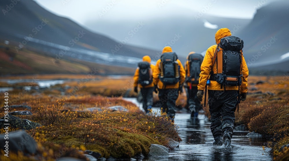 A line of hikers in waterproof gear crossing a river in a lush forest, embodying the spirit of outdoor adventure.