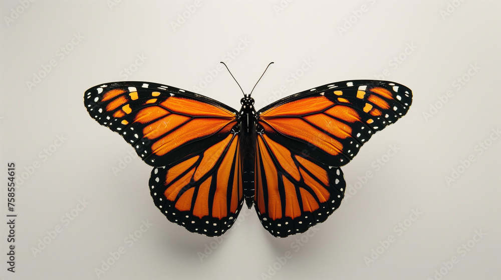 Naklejka premium A monarch butterfly rests on a white wall, displaying its vibrant orange wings under the sun. Copy space.