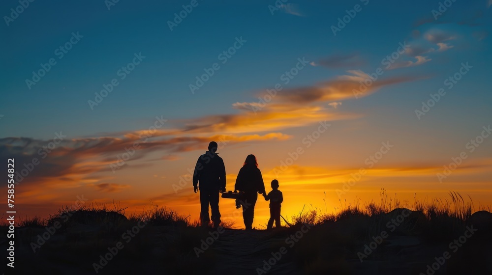A family's silhouette against a vibrant sunset sky, strolling on sandy dunes at the beach, evokes a feeling of togetherness.