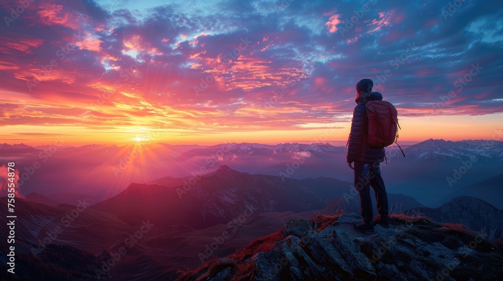 A solitary hiker gazes at a breathtaking sunset from the peak of a majestic mountain range.