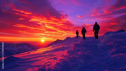 A line of hikers trek through a snowy field against a vibrant sunset sky, creating a peaceful winter scene.