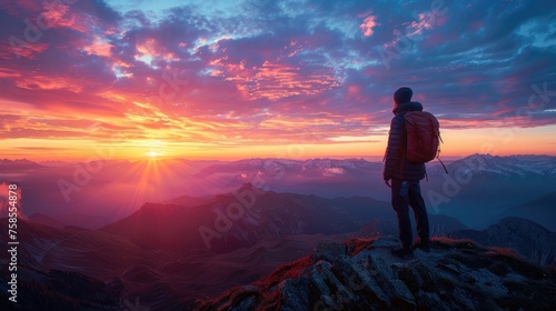 A solitary hiker gazes at a breathtaking sunset from the peak of a majestic mountain range.