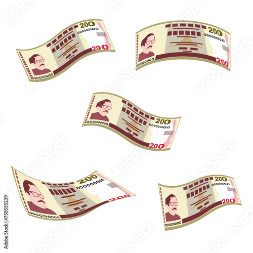 Bangladeshi Taka Vector Illustration. Bangladesh money set bundle banknotes. Falling, flying money 200 BDT. Flat style. Isolated on white background. Simple minimal design.