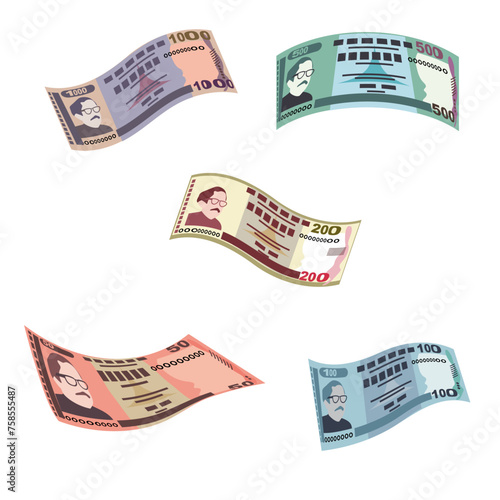 Bangladeshi Taka Vector Illustration. Bangladesh money set bundle banknotes. Falling, flying money 50, 100, 200, 500, 1000 BDT. Flat style. Isolated on white background. Simple minimal design.