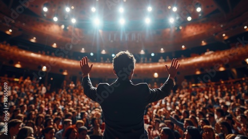Back view of a speaker on stage addressing an attentive audience in a large theater auditorium under bright lights. © Nuth