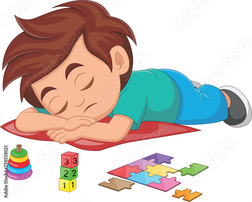 little boy sleeping after educational toys