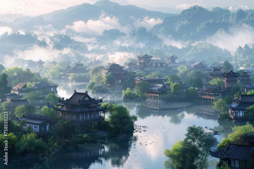 Traditional Chinese Jiangnan water town surrounded by nature