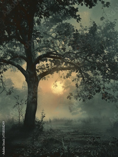 Solitary Oak in Misty Twilight  A Beacon of Serenity and Time  