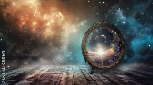 A large glowing mirror in the shape of a circle floats in the sky above the wooden floor. The circle is surrounded by a hazy, otherworldly atmosphere.