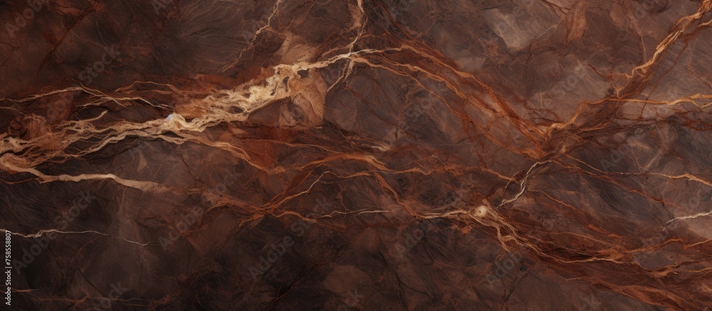 A detailed closeup of a brown marble texture resembling a landscape with patterns of rocks and soil, creating a dark and mysterious feel