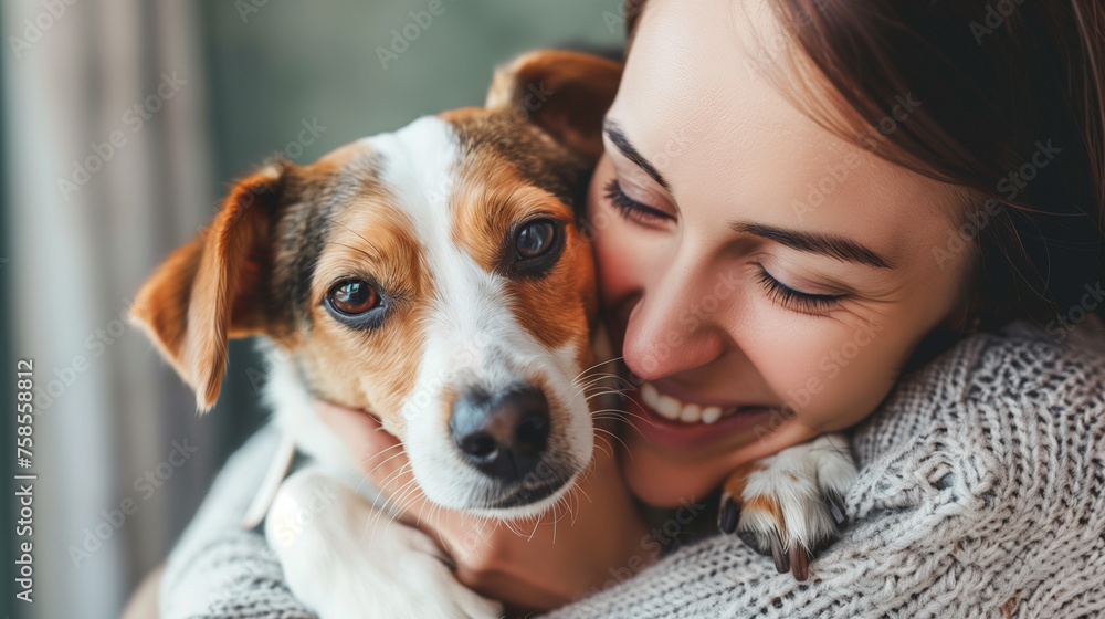 A woman lovingly holding a dog in her arms. Love and care for pets, best friend.