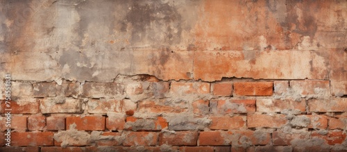 A detailed view of a brown brick wall with peeling paint, showcasing the natural landscape of wood, rock, and soil with an artistic touch
