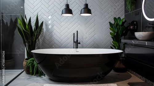 Sleek Black Freestanding Bathtub in Modern Herringbone Tiled Bathroom with Lush Plants