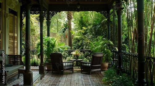 Tranquil New Orleans Veranda Surrounded by Lush Bamboo and Greenery Invites Relaxation in All Seasons © Rudsaphon