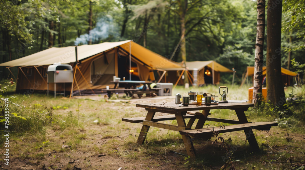 Wooden table against the background of standing tents with outdoor kitchen equipment at a campsite in a natural park. Travel concept.