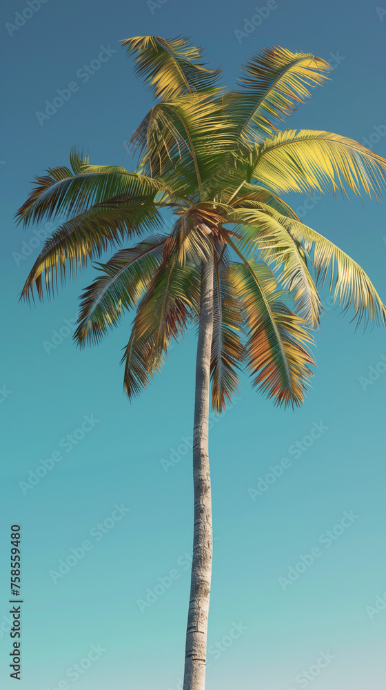 A tall palm tree stands out against a clear blue sky in the background. Copy space. Backdrop, background.