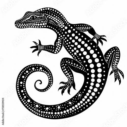 Australian Aboriginal dot painting style art minimalistic logo of a goanna in black on a white background.
