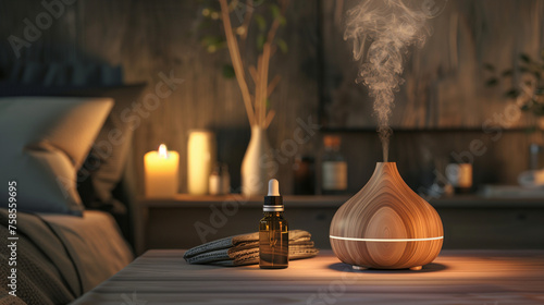 Essential oils and a wooden diffuser set a tranquil mood in a dim, cozy room with soft lighting. Copy space.