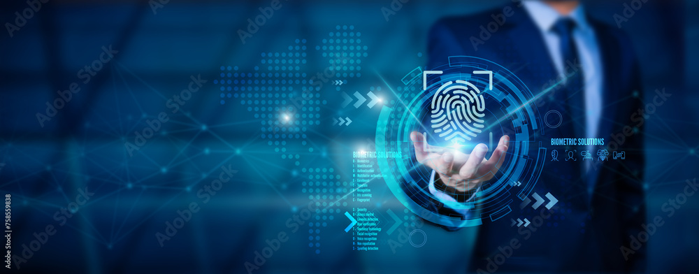 The idea of electronic customer biometric security is an innovation in technology against digital cybercrime. A businessman uses finger-scan identification to access personal security data.  - obrazy, fototapety, plakaty 