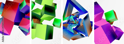 Flying 3d shapes, cubes and other geometric elements background design for wallpaper, business card, cover, poster, banner, brochure, header, website