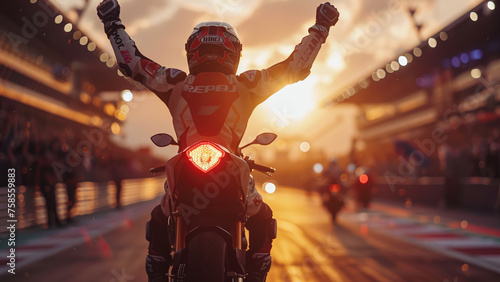 A Triumphant Moment: Racing Bike Rider Silhouette Celebrates Grand Prix Victory with Motorcycle on the Race Track