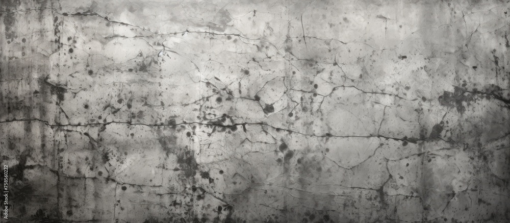 Obraz premium A monochrome photo of a concrete wall featuring a stark contrast between the rough texture of the concrete and the peaceful simplicity of the natural landscape in the background