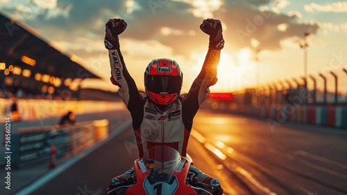 A Triumphant Moment: Racing Bike Rider Silhouette Celebrates Grand Prix Victory with Motorcycle on the Race Track