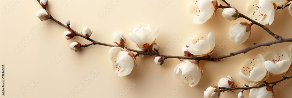 Beautiful pink and white flowers on the pastel light beige background. Horizontal background for banner, greeting card, invitation. Women's Day, Valentine's Day, wedding. Beautiful pink and white flowers on the pastel light beige background. Horizontal background for banner, greeting card, invitation. Women's Day, Valentine's Day, wedding.