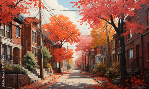Colorful watercolor, city street with autumn trees. photo