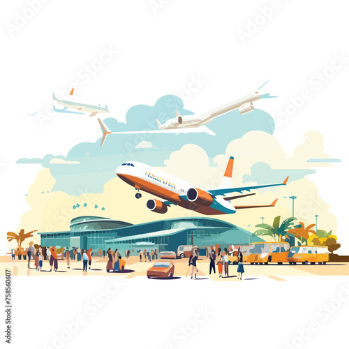 A flat vector illustration of a bustling airport 