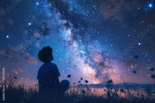 A young man sitting on the grass Look at the sky and the stars
