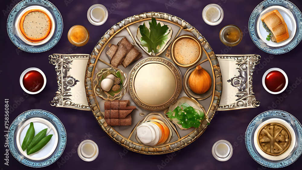 Bright Passover seder plate with traditional food walnuts matza and wine on grunge background Bright Passover seder plate with traditional food walnuts matza and wine on grunge background
