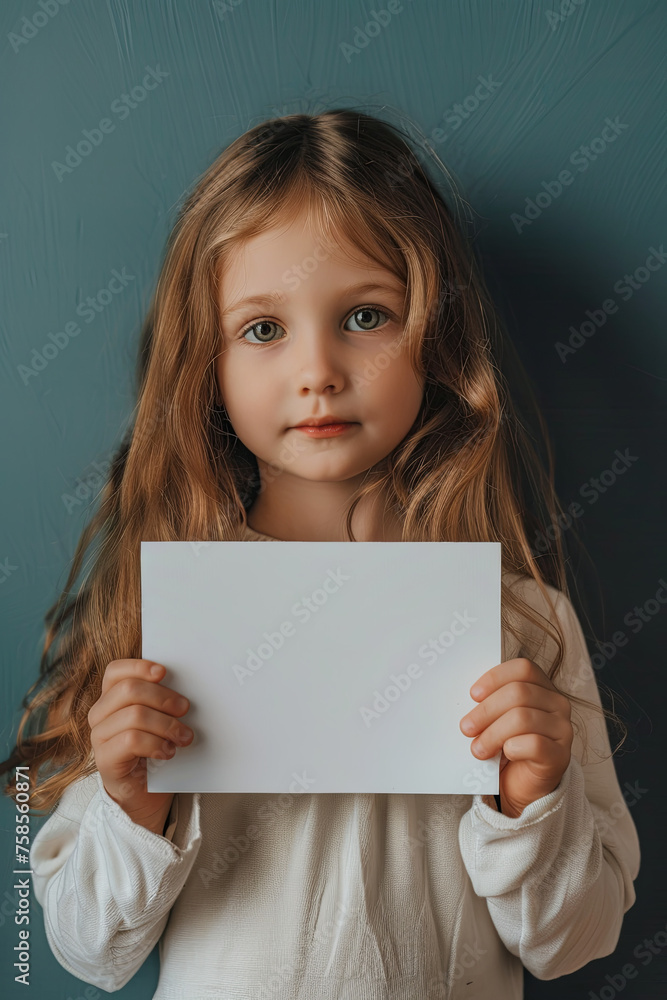 A cute little girl holding a blank piece of paper