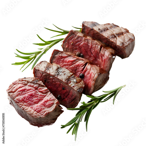 Close up of a red sliced juicy venison steak with riffles isolated on transparent backgroundClose up of a red sliced juicy venison steak with riffles isolated on transparent background photo